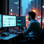 "A data analyst intensely focused on market trends, consumer behavior charts, and statistical models on multiple computer screens, with a large interactive 3D visualization of customer preferences behind them."