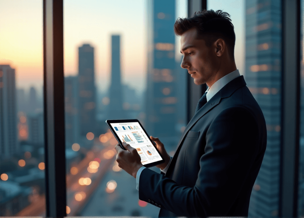 "A young professional stands confidently in front of a cityscape at dusk, intently reviewing an AI-driven business strategy plan on their tablet."