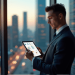 "A young professional stands confidently in front of a cityscape at dusk, intently reviewing an AI-driven business strategy plan on their tablet."