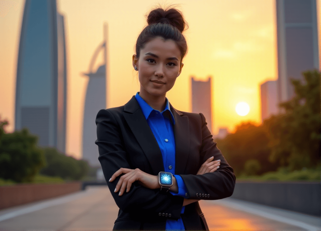 "A young professional woman stands confidently in front of a modern cityscape at sunset, wearing a tailored suit with an electric blue blouse, her eyes fixed on a futuristic smartwatch."