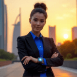 "A young professional woman stands confidently in front of a modern cityscape at sunset, wearing a tailored suit with an electric blue blouse, her eyes fixed on a futuristic smartwatch."