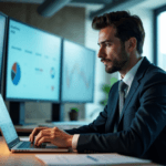 "A business professional analyzes data on a laptop and large screens in a modern office, showcasing AI automation skills and strategic decision-making."