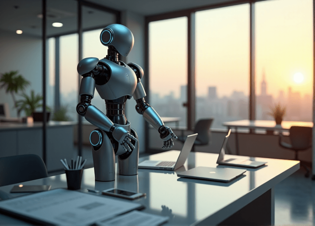 "A modern office workspace featuring a sleek robotic arm integrated into workflow, showcasing AI automation skills in action."