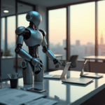 "A modern office workspace featuring a sleek robotic arm integrated into workflow, showcasing AI automation skills in action."
