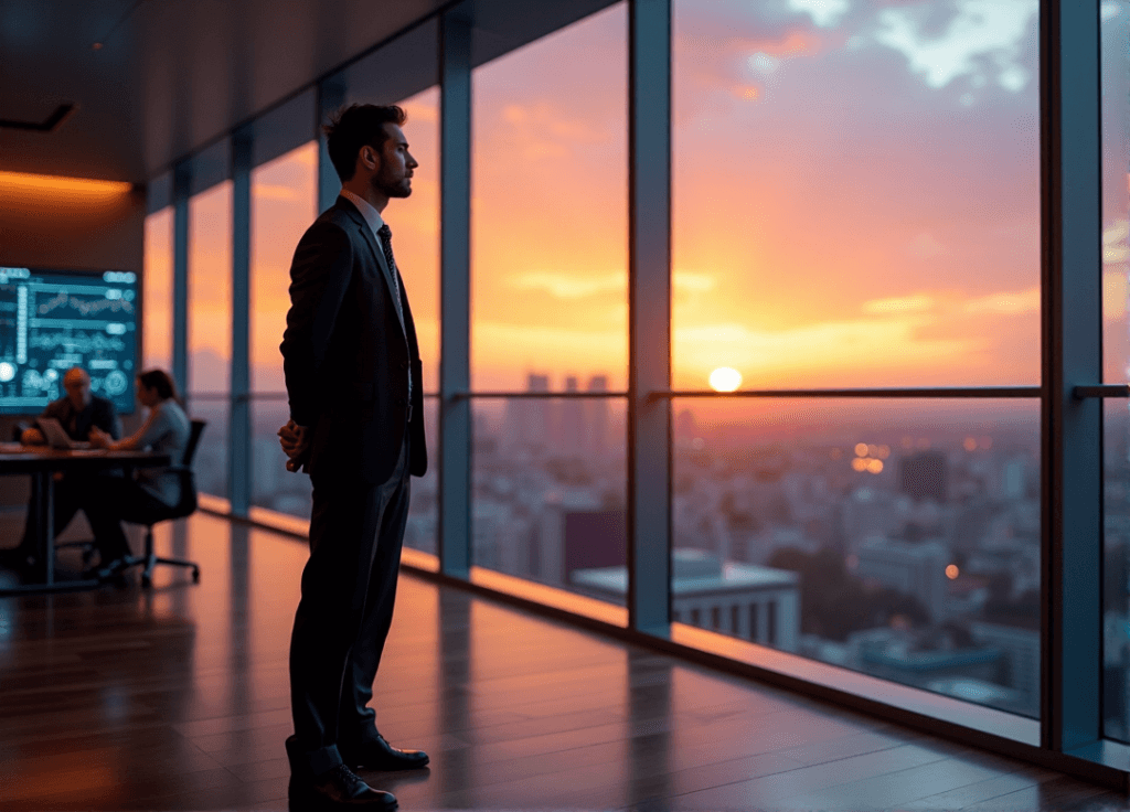 "A confident business leader stands at a conference room window, gazing out at a cityscape as AI-driven dashboard displays behind them."