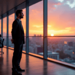 "A confident business leader stands at a conference room window, gazing out at a cityscape as AI-driven dashboard displays behind them."