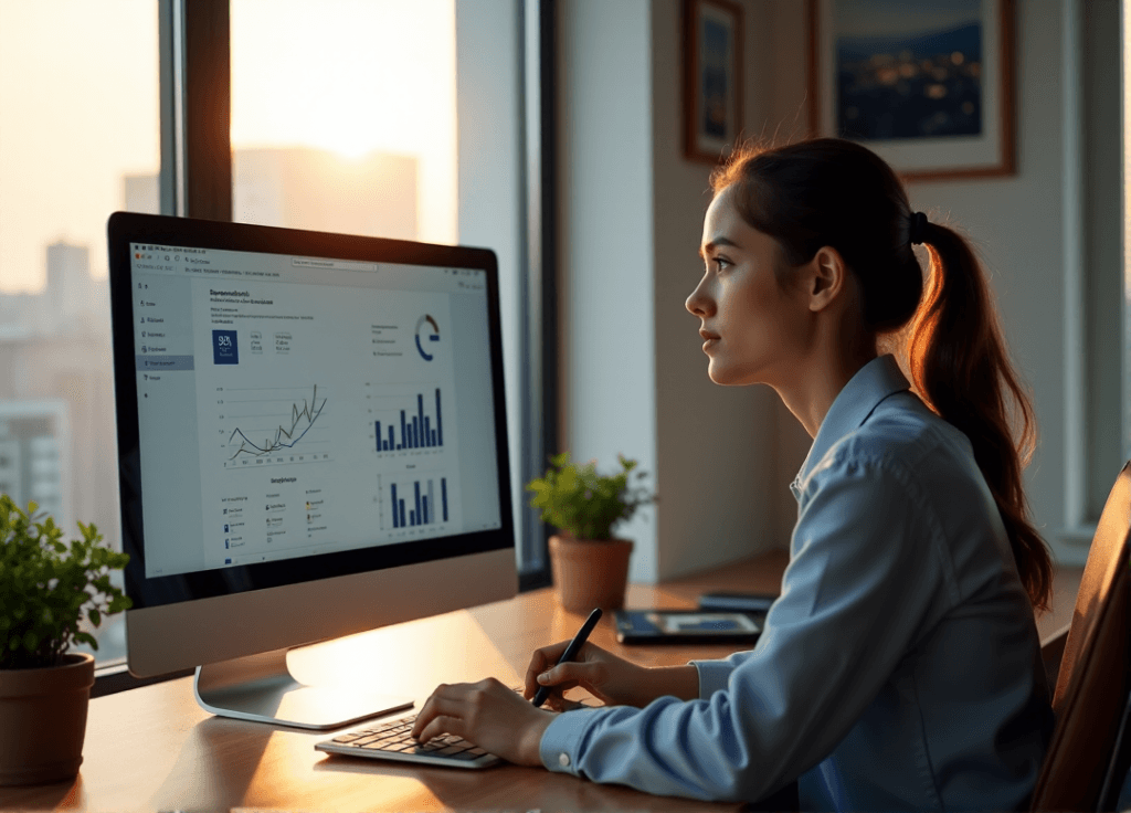 "A young woman sits in a minimalist office, intensely focused on AI-driven customer sentiment analysis data displayed on her computer screen."