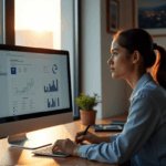 "A young woman sits in a minimalist office, intensely focused on AI-driven customer sentiment analysis data displayed on her computer screen."