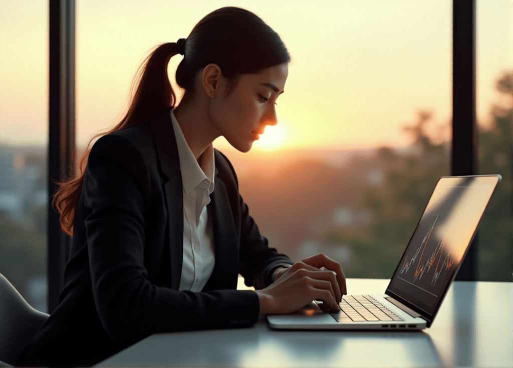 "A young professional studies a complex data visualization graph on her laptop, analyzing customer sentiment with AI automation skills in a modern office setting."
