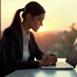 "A young professional studies a complex data visualization graph on her laptop, analyzing customer sentiment with AI automation skills in a modern office setting."