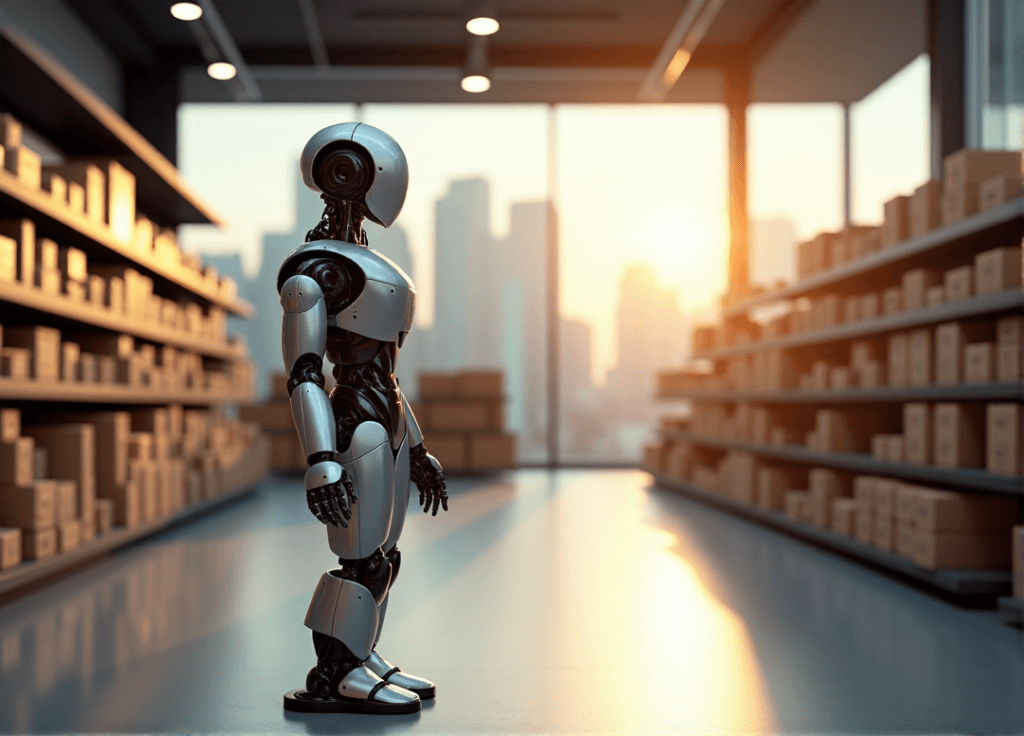 "A futuristic retail store with an AI-powered inventory management system, featuring a sleek robotic arm surrounded by organized shelves and natural light."