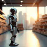 "A futuristic retail store with an AI-powered inventory management system, featuring a sleek robotic arm surrounded by organized shelves and natural light."