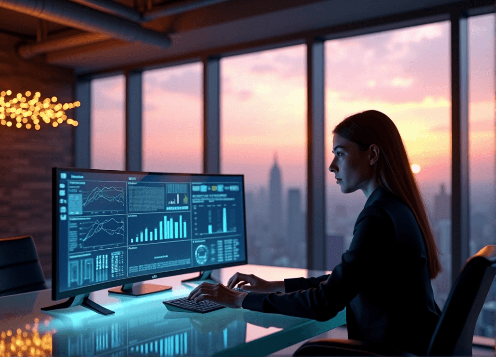 "A market research analyst sits at a glass desk in a modern office with floor-to-ceiling windows overlooking a cityscape at dusk, intensely studying AI-powered data visualizations."