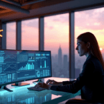 "A market research analyst sits at a glass desk in a modern office with floor-to-ceiling windows overlooking a cityscape at dusk, intensely studying AI-powered data visualizations."