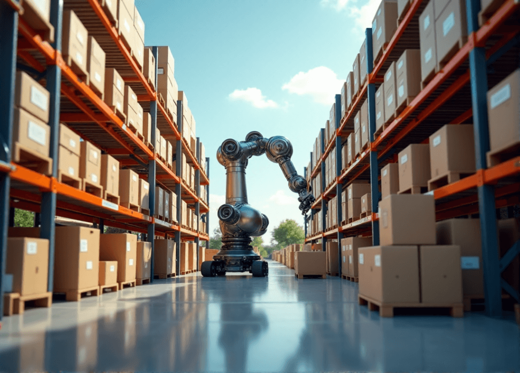 "A futuristic logistics warehouse with an AI-powered robotic arm efficiently retrieving packages amidst high-tech computer screens and monitoring systems."