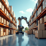 "A futuristic logistics warehouse with an AI-powered robotic arm efficiently retrieving packages amidst high-tech computer screens and monitoring systems."