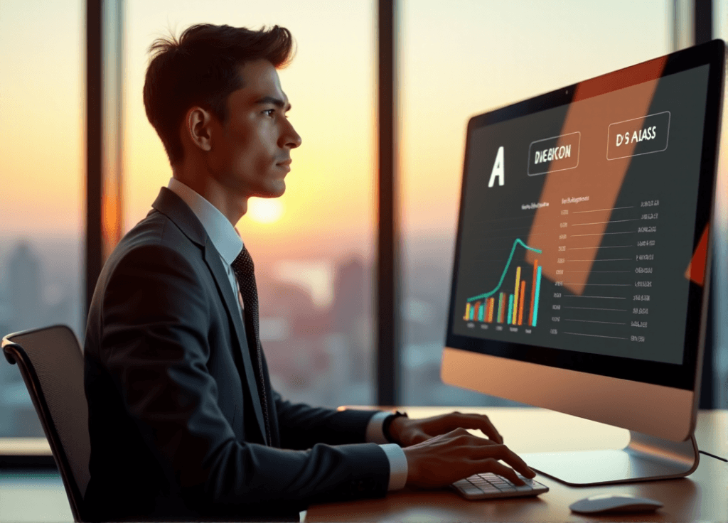 "A young professional sits confidently at a minimalist desk, poised to work on an AI-powered dashboard with a cityscape view behind them."
