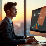 "A young professional sits confidently at a minimalist desk, poised to work on an AI-powered dashboard with a cityscape view behind them."