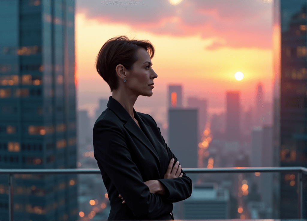 "A confident business executive stands in front of a futuristic cityscape at sunset, embodying innovation and AI automation skills."