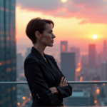 "A confident business executive stands in front of a futuristic cityscape at sunset, embodying innovation and AI automation skills."