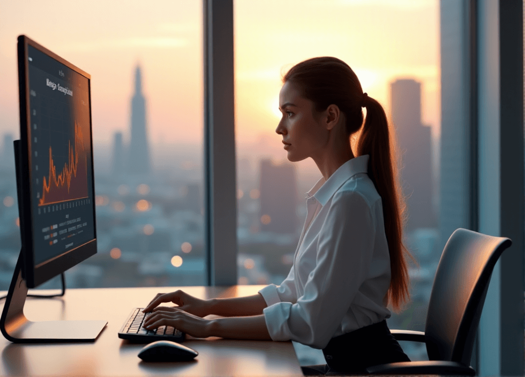 "A young woman intensely analyzes customer sentiment data on a computer screen in a minimalist office with a blurred cityscape background."
