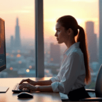 "A young woman intensely analyzes customer sentiment data on a computer screen in a minimalist office with a blurred cityscape background."