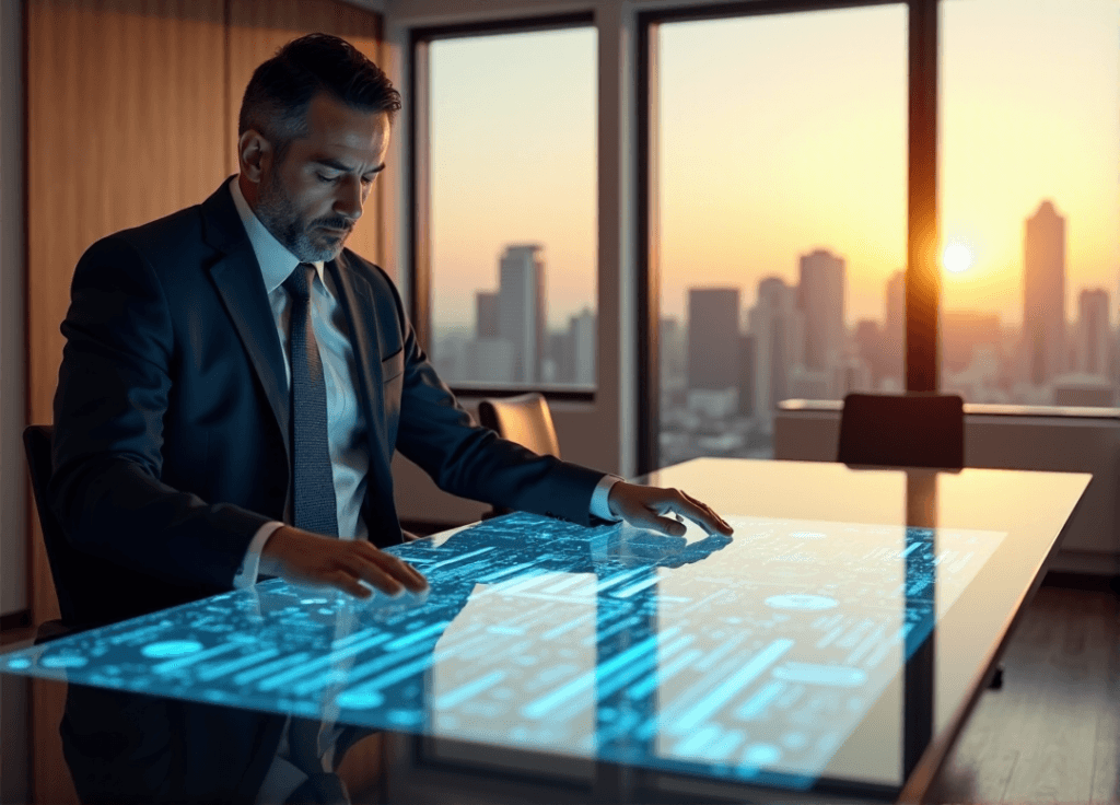 "A high-level executive analyzes data insights on a touchscreen display in a modern boardroom with a city skyline view at sunset."