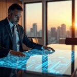"A high-level executive analyzes data insights on a touchscreen display in a modern boardroom with a city skyline view at sunset."