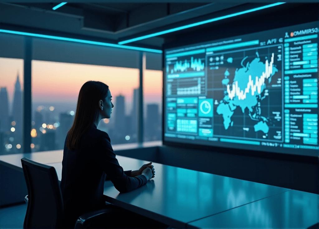 "A young professional in a futuristic control room intensely studies AI-powered data analytics on a large high-resolution screen, showcasing predictive intelligence models."