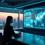 "A young professional in a futuristic control room intensely studies AI-powered data analytics on a large high-resolution screen, showcasing predictive intelligence models."