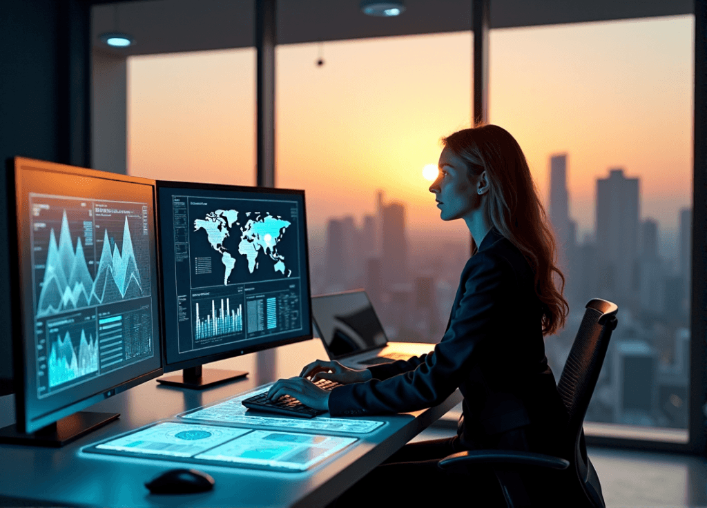 "A data analyst sits at a high-tech workstation surrounded by screens displaying market insights, with hands hovering over a holographic interface projecting AI-powered research data."