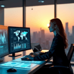"A data analyst sits at a high-tech workstation surrounded by screens displaying market insights, with hands hovering over a holographic interface projecting AI-powered research data."