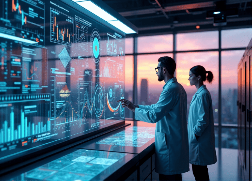 "A high-tech laboratory with a data analytics dashboard, researchers studying market trends on a touchscreen display, surrounded by AI computing equipment and servers."