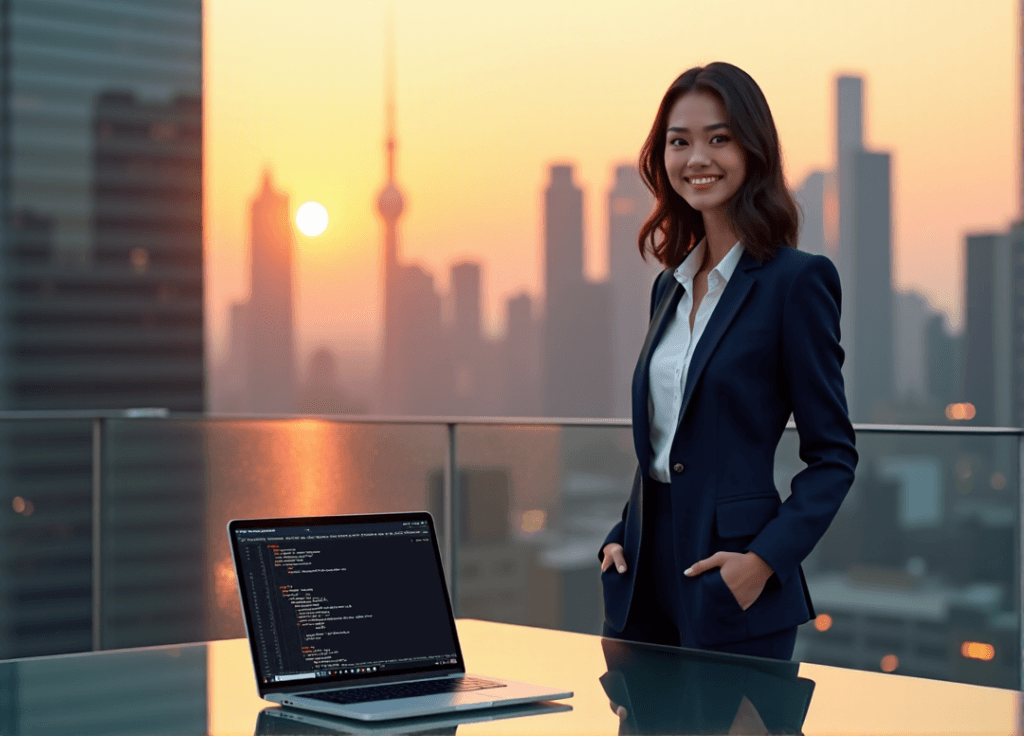 "A young businesswoman stands confidently on a rooftop overlooking a modern cityscape at sunset, surrounded by AI automation skills represented through a laptop displaying code."