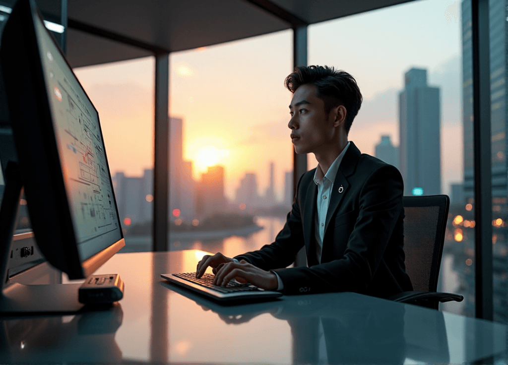 "A young professional sits at a high-tech desk, focused on an AI-driven workflow diagram, surrounded by automated machinery in a futuristic office space with a cityscape background."