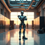 "A sleek silver robot stands confidently in a high-tech control room surrounded by computer servers, digital screens, and toolboxes, showcasing AI automation skills through its poised stance."