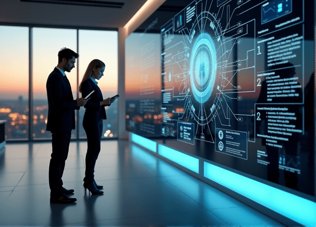 "High-tech control room with touchscreen interface, business professionals reviewing data on tablets, surrounded by digital displays and cityscape views."