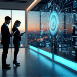 "High-tech control room with touchscreen interface, business professionals reviewing data on tablets, surrounded by digital displays and cityscape views."