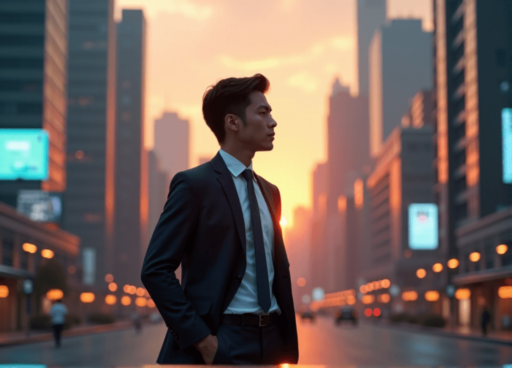 "A young professional stands confidently in front of a high-tech cityscape at sunset, exuding determination and strategic thinking amidst AI-driven urban landscape."