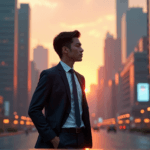 "A young professional stands confidently in front of a high-tech cityscape at sunset, exuding determination and strategic thinking amidst AI-driven urban landscape."