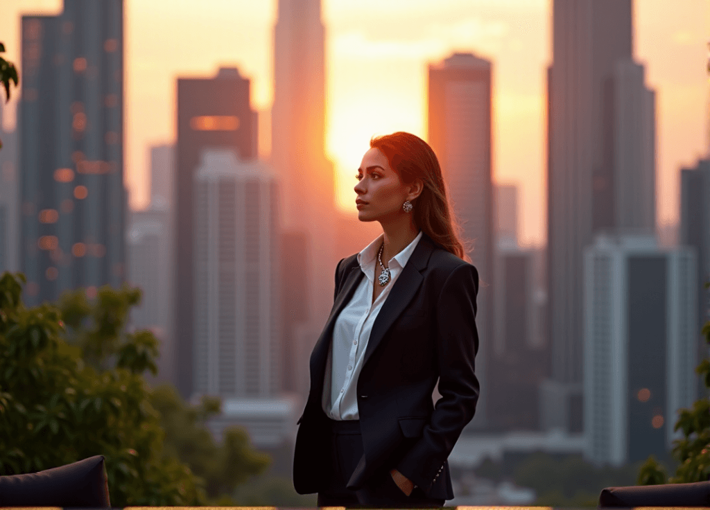 "A confident marketing executive stands in front of a cityscape at sunset, exuding authority with AI automation skills evident in her professional attire."