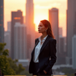 "A confident marketing executive stands in front of a cityscape at sunset, exuding authority with AI automation skills evident in her professional attire."