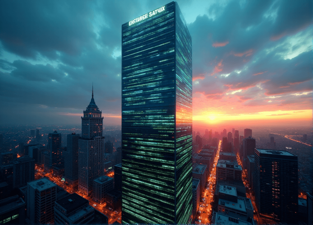 "A high-rise corporate skyscraper at dusk, reflecting vibrant colors with AI-driven data visualizations on its rooftop signage."