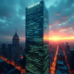 "A high-rise corporate skyscraper at dusk, reflecting vibrant colors with AI-driven data visualizations on its rooftop signage."
