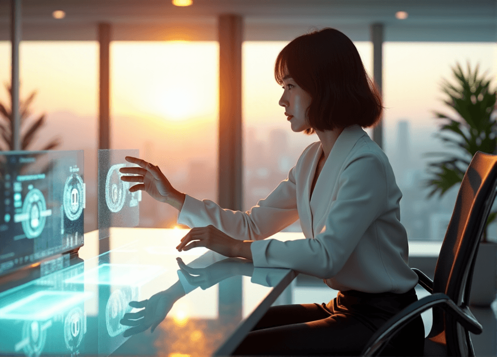 "A young woman sits at a futuristic desk surrounded by cutting-edge tech, navigating AI automation skills with determination and curiosity."