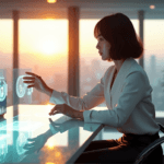 "A young woman sits at a futuristic desk surrounded by cutting-edge tech, navigating AI automation skills with determination and curiosity."