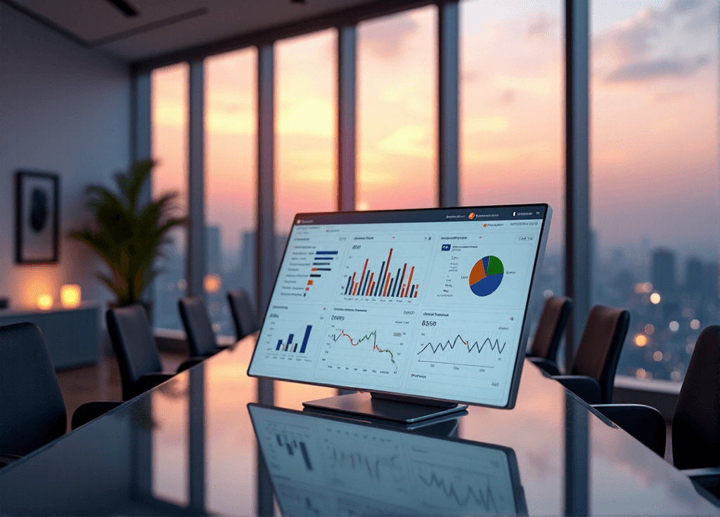 "A sleek silver data analytics dashboard on a glass conference table in a modern office with floor-to-ceiling windows overlooking a cityscape at dusk, featuring vibrant data visualizations and AI-driven insights."