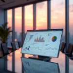 "A sleek silver data analytics dashboard on a glass conference table in a modern office with floor-to-ceiling windows overlooking a cityscape at dusk, featuring vibrant data visualizations and AI-driven insights."
