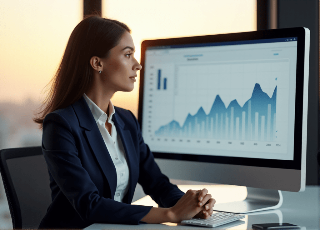"A professional woman in a navy blue suit studies predictive analytics insights on her computer screen, surrounded by a minimalist office with natural light."