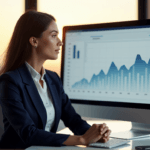 "A professional woman in a navy blue suit studies predictive analytics insights on her computer screen, surrounded by a minimalist office with natural light."